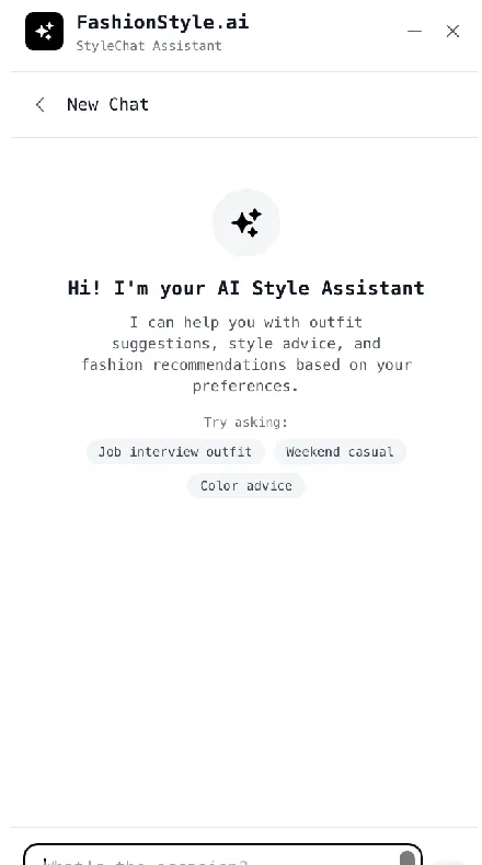 FashionStyle AI stylist chat welcome screen with suggested prompts