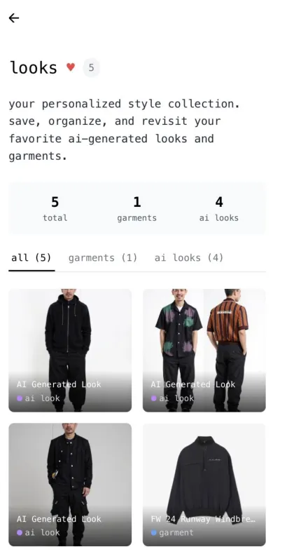 FashionStyle AI looks collection with five saved items