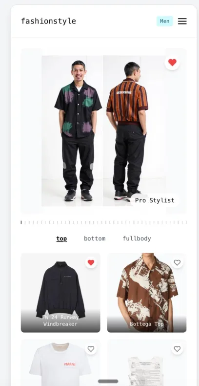 FashionStyle AI showing a restyled outfit, front and back, with saved garments below